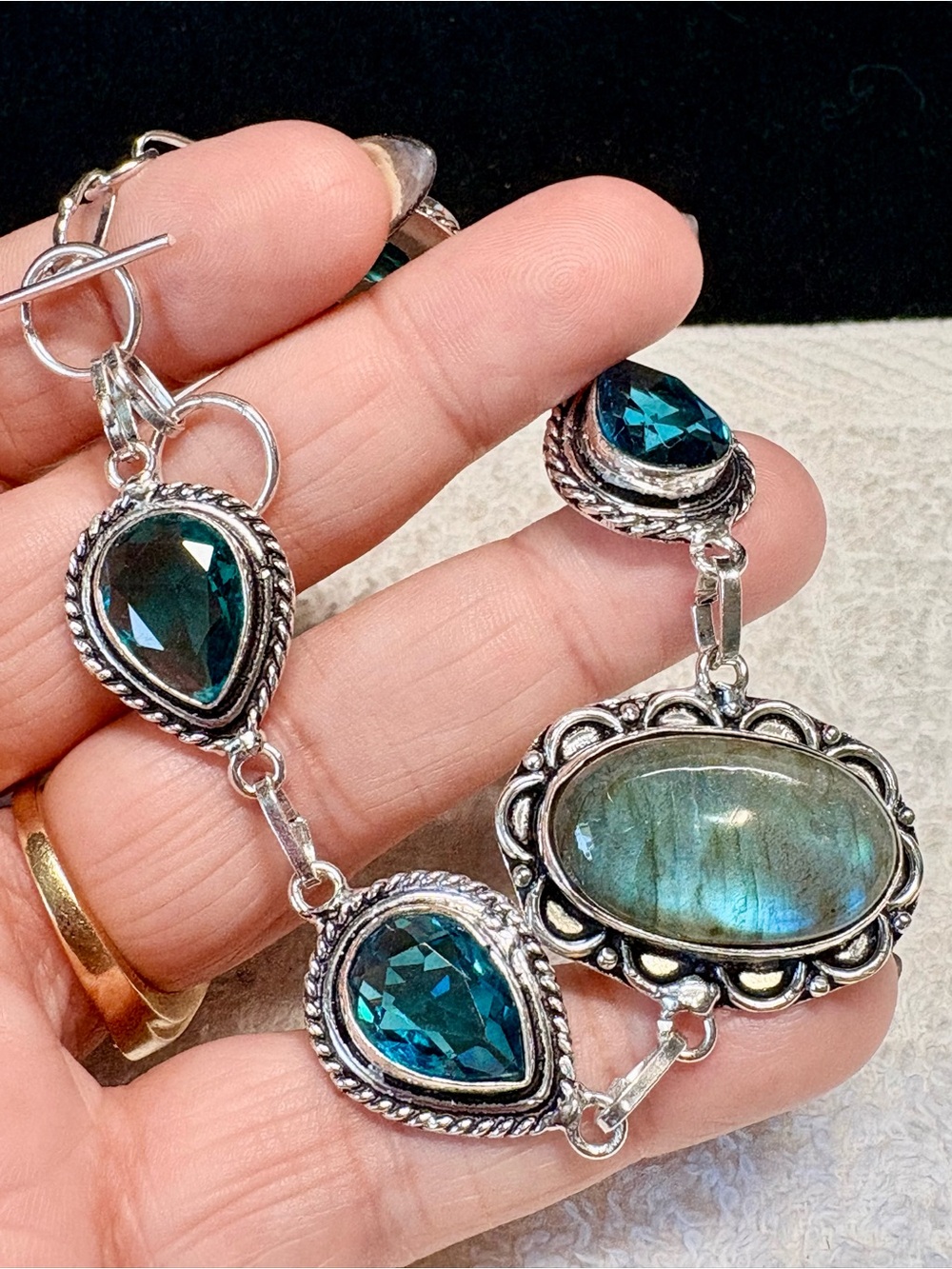 Sterling Silver with lab created blue topaz & genuine Labradorite Bracelet